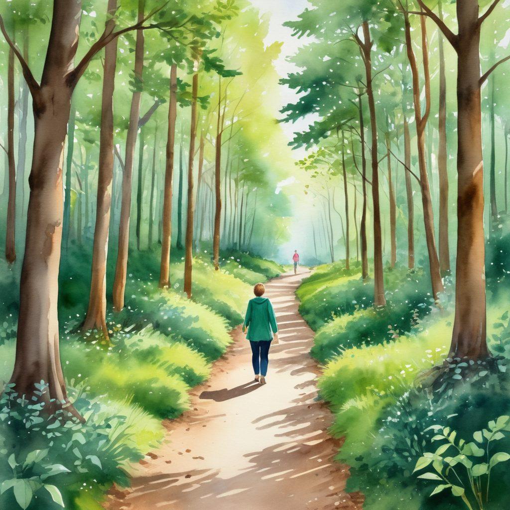 A serene pathway through a lush green forest, symbolizing the cancer journey, with soft light filtering through the trees. Alongside the path, small signs depict various support resources and latest oncology news. In the foreground, a supportive figure holds out a hand, representing empowerment and community. This peaceful scene emanates hope and resilience. watercolor painting. warm colors. natural light.