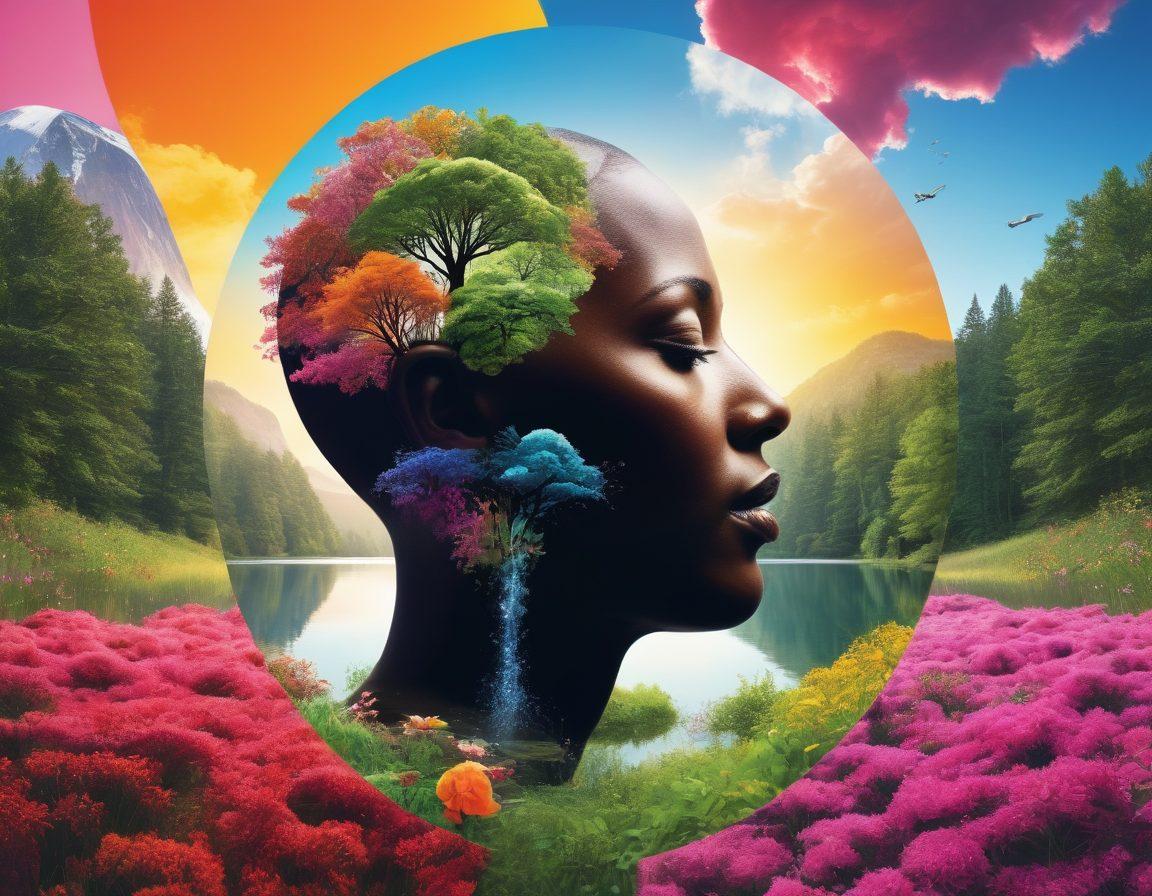 A visually striking collage featuring a healthy human silhouette half submerged in vibrant nature, representing the balance of fact and myth. Include icons symbolizing various cancer treatments like chemotherapy, immunotherapy, and lifestyle changes such as healthy foods and exercise. Integrate thought bubbles with common myths about cancer treatment, contrasting them with scientific facts. The background should be bright and engaging to evoke hope and knowledge. super-realistic. vibrant colors. 3D.