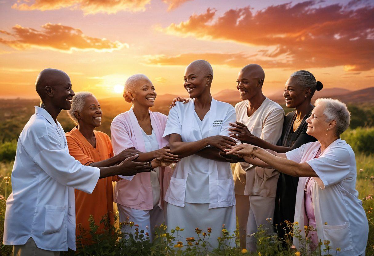 A compassionate scene depicting a diverse group of cancer patients and survivors engaging in supportive activities, with a vibrant sunset in the background symbolizing hope. Include elements like gentle hands holding each other, healing herbs, and inspirational quotes in the surrounding nature. The atmosphere should radiate warmth, strength, and resilience. super-realistic. vibrant colors. soft focus.
